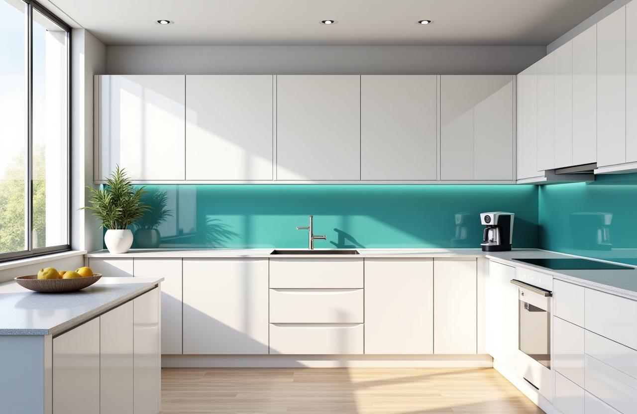 Modern kitchen with sleek white cabinets, quartz countertops, and a teal backsplash.