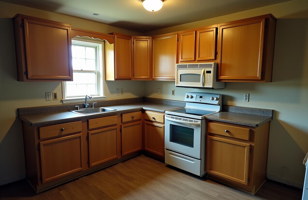 Outdated kitchen with old cabinets and laminate countertops.