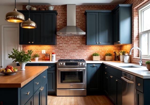 A renovated brownstone kitchen with exposed brick and modern appliances.
