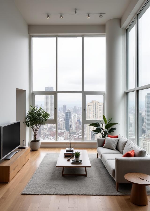 A modern loft living room with large windows and minimalist furniture.