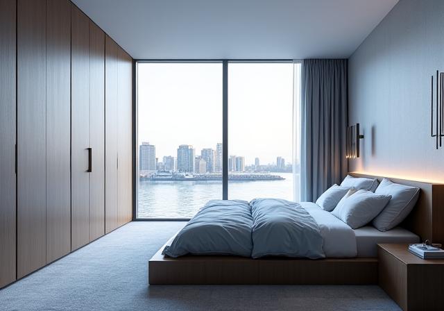 A minimalist bedroom with a view of the river and custom built-in closets.