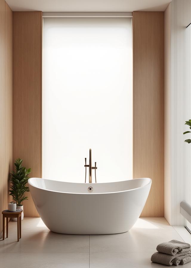 A tranquil bathroom with a freestanding tub and wood accents.