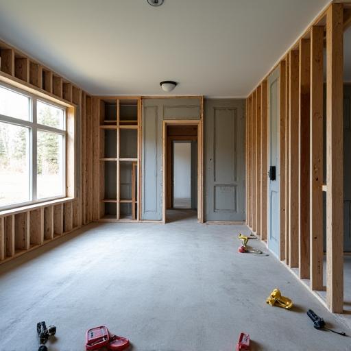 Living room mid-renovation showing structural changes.