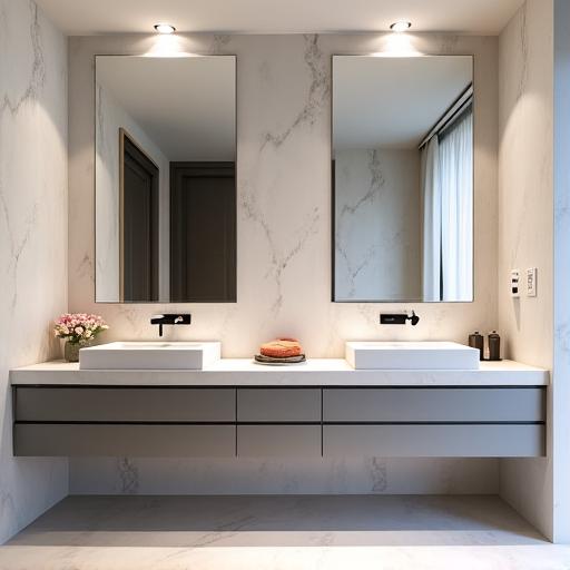 A beautifully designed modern bathroom with a double vanity.
