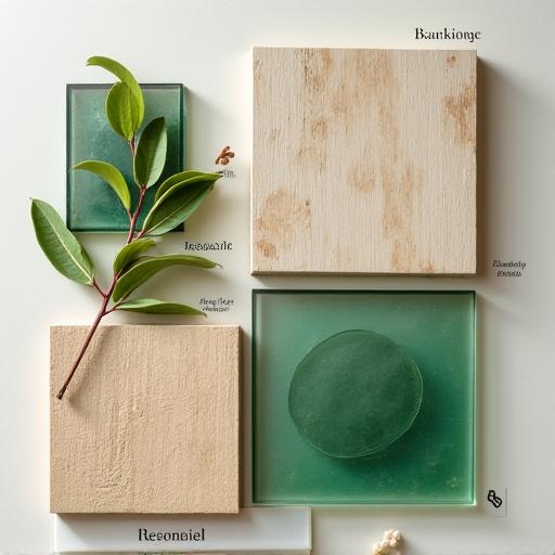 A sample of sustainable materials like reclaimed wood and recycled glass.